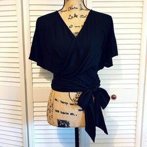Ramy Brook Black Stretchy Wrap Top Shirt Blouse Short Sleeve Size XS